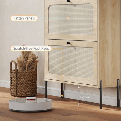 Boho Narrow Shoe Cabinet | 2 Flip Drawers | Rattan Fronts | 12-16 Pairs | Adjustable Shelves | Anti-Tip Hardware | Melamine Coating | 40kg Capacity | 80x23.7x99.5cm | Oak