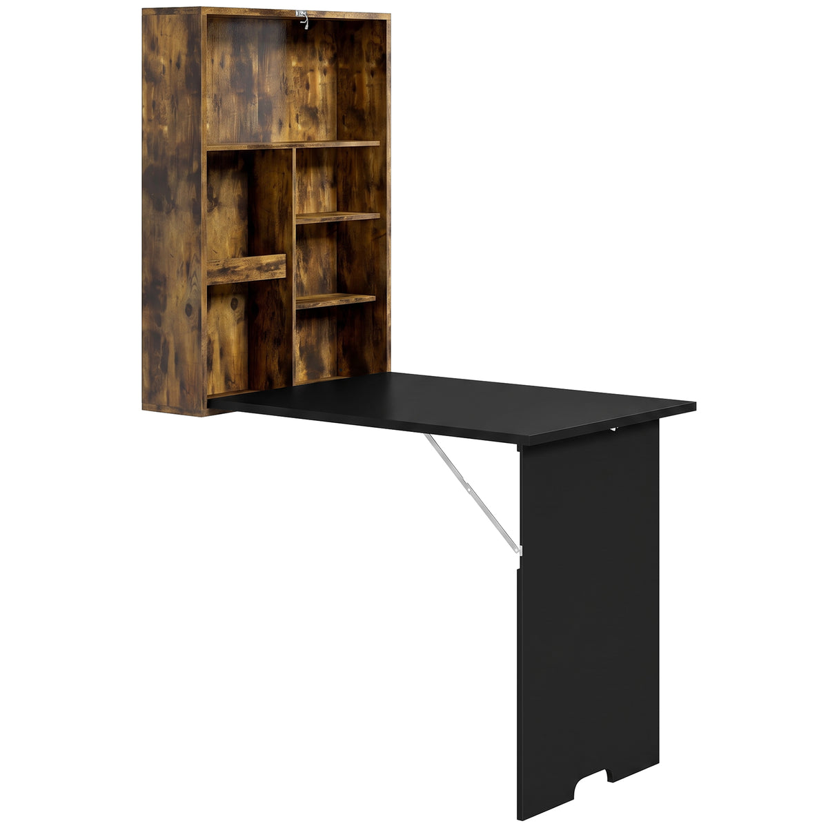 Wall-Mounted Folding Drop-Leaf Desk with Chalkboard & Storage Shelves | 78x56.5cm Tabletop | Folds to 16cm Deep | 20kg Tabletop Capacity | MDF | Rustic Brown & Black | 60x94.5x147cm Open