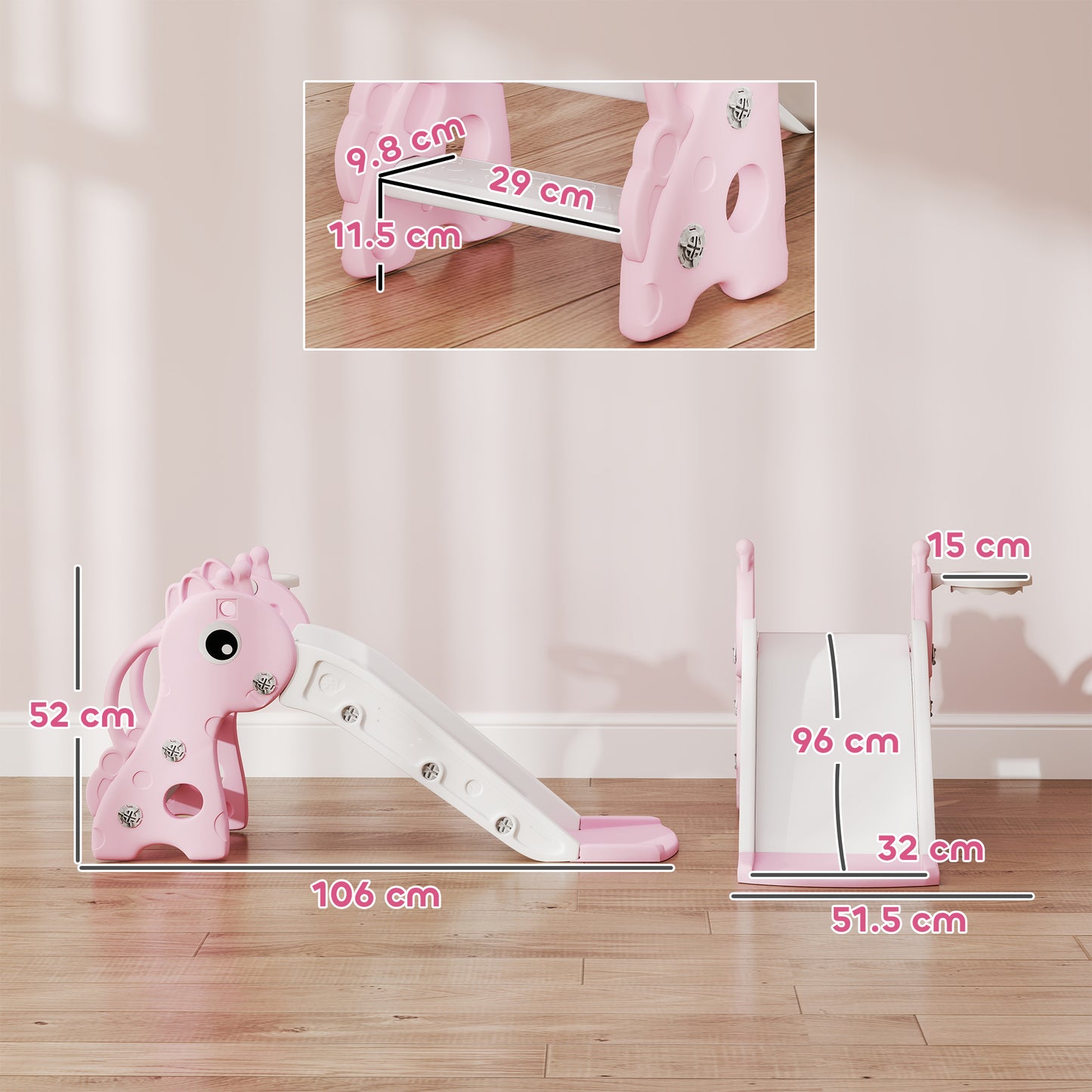 AIYAPLAY 3 in 1 Kids Slide with Climber, Basketball Hoop and Ball, Giraffe Shape Climber Slide for Indoor Kids Age 1-3, Pink