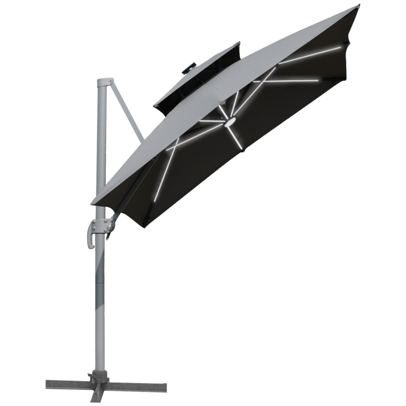 Outdoor 3m Cantilever Parasol LED Patio Umbrella Sun Shade Protector Canopy For Lawn Beach Poolside Khaki