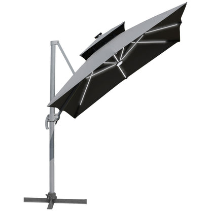 Outdoor 3m Cantilever Parasol LED Patio Umbrella Sun Shade Protector Canopy For Lawn Beach Poolside Khaki