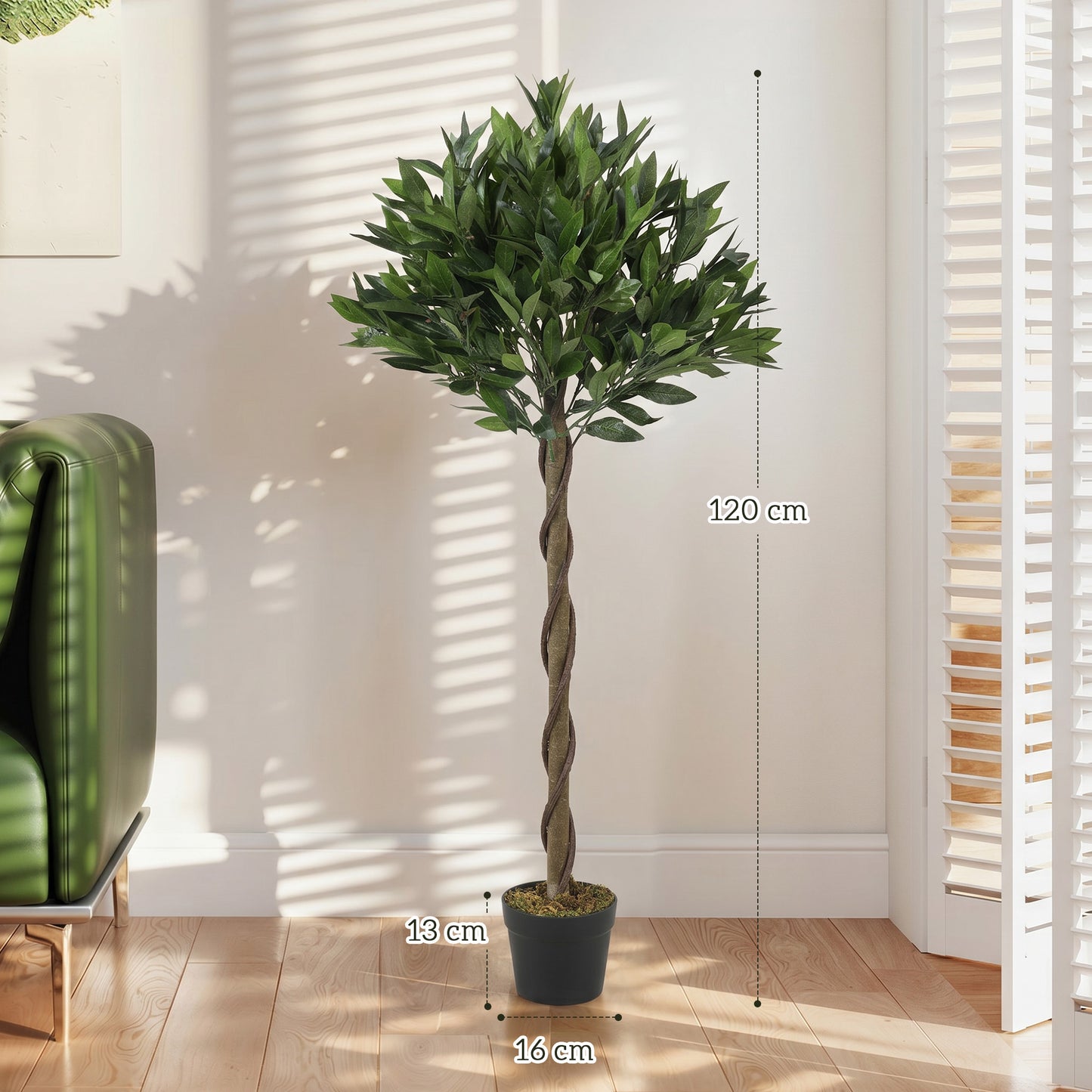 Set of 2 Artificial Bay Laurel Topiary Trees | 741 PE Leaves | Twisted Trunk | Bendable Branches | UV-Resistant | Weighted Cement Pots | Indoor & Outdoor | 16 x 120cm | Green