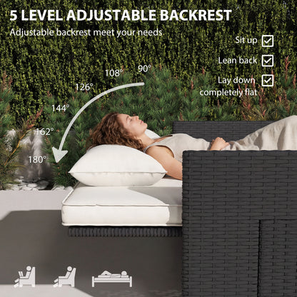 Outsunny Rattan Garden Daybed, Assembled Double Sun Lounger with 5-Level Adjustable Back, Storage Ottoman, Cream White
