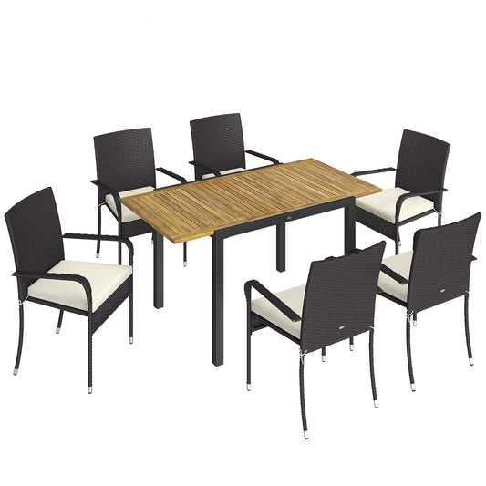 7-Piece Rattan Garden Furniture Set | 6 Seater | Extendable Acacia Wood Table 100-150cm | 6 Stackable High-Back Armchairs | Washable Cushion Covers | PE Rattan & Steel Frame | Cream
