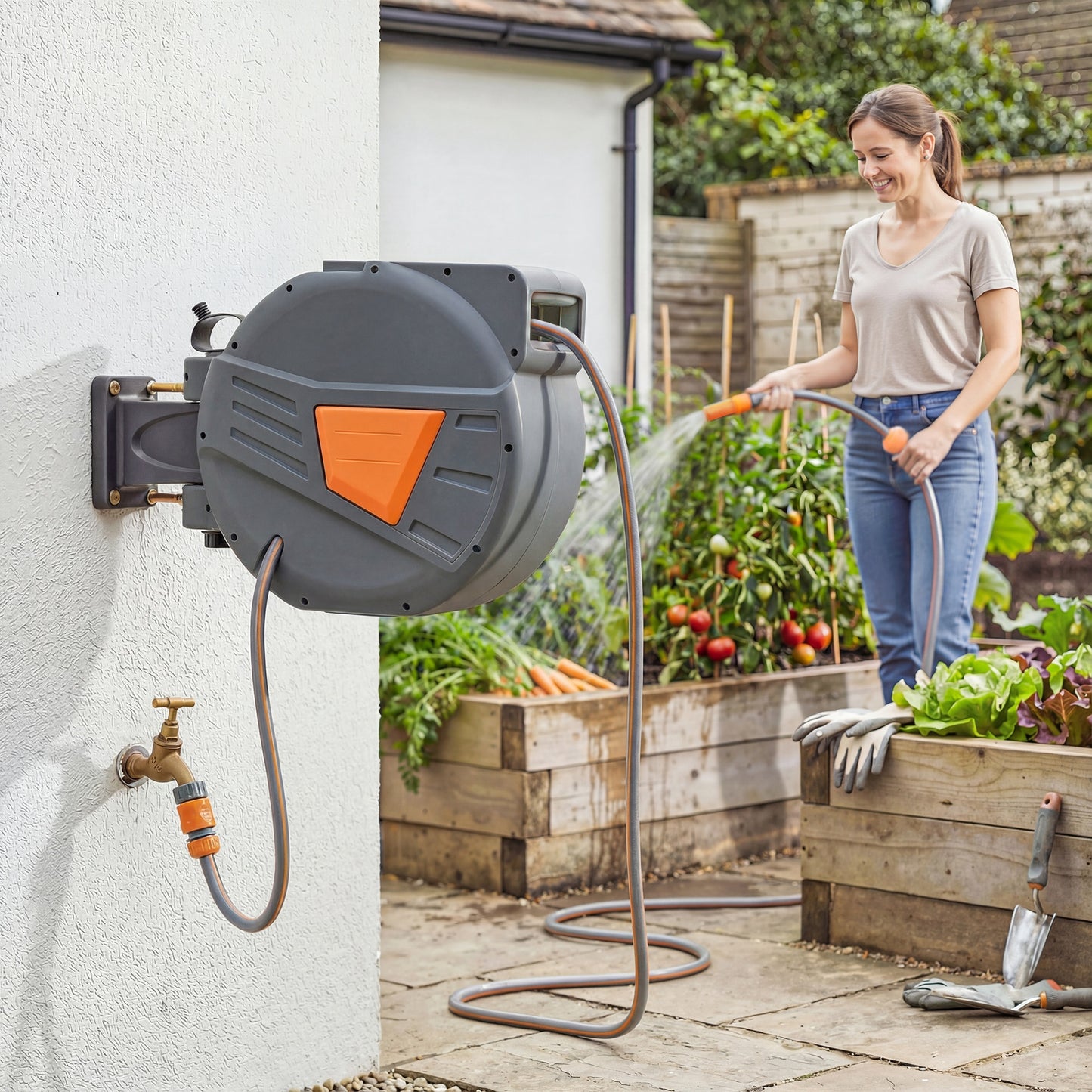 Wall Mounted Retractable Garden Hose Reel | 30+2m | Auto Retract & Self-Locking | 180° Swivel Bracket | Dual Spray Modes | 8 Bar Working Pressure | 57x23x39cm | Orange