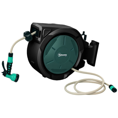Outsunny Retractable Hose Reel Wall Mounted, 30+2m Garden Hose Pipe Reel with Lock, Auto Rewind, 7 in 1 Spray Nozzle, Includes Wall Fixings, 180° Swivel, Outdoor Watering, 59 x 23 x 42 cm, Green