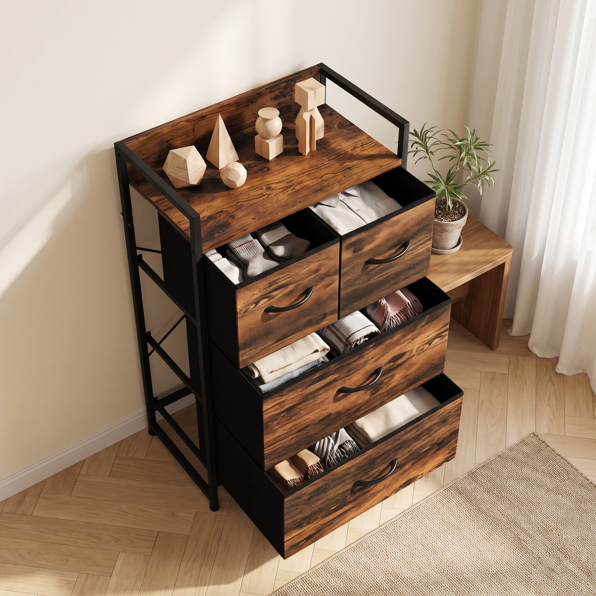 Rustic Chest of Four Fabric Drawers | Rustic Brown & Black | Particleboard Steel Linen | 50x29x85cm | 25kg Max Load | Adjustable Feet | Industrial Style | Bedroom Storage