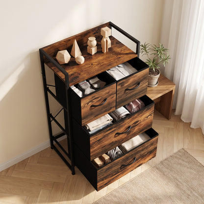 Rustic Chest of Four Fabric Drawers | Rustic Brown & Black | Particleboard Steel Linen | 50x29x85cm | 25kg Max Load | Adjustable Feet | Industrial Style | Bedroom Storage