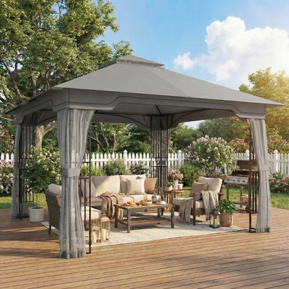 3.3x3.3m Garden Gazebo | Double-Tier UPF50+ Roof | 4 Mesh Panels | Triangular Powder-Coated Metal Frame | Corner Shelves | Roof Drainage Holes | Expansion Screws & Ground Stakes | Ceiling Hook | Dark Grey