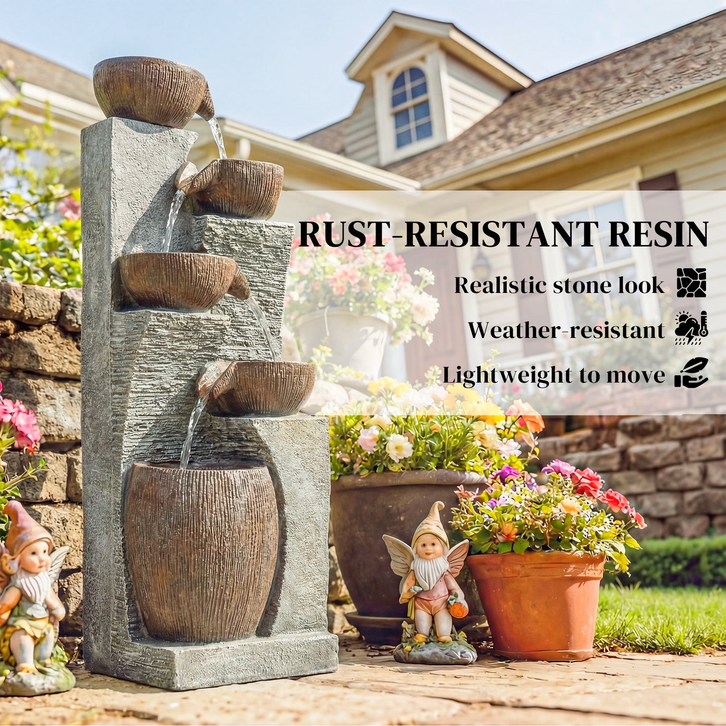 Tall 5-Tier Jug-Style Resin Waterfall Fountain | Hand-Painted Rustic Finish | Warm LED Lights | 3-Speed Adjustable Pump | 16W | 230V | 3m Cable | 35x34x110cm | Garden & Patio | Grey & Rustic Brown