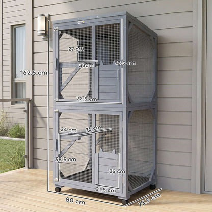 Movable Outdoor & Indoor Catio | 3 Jumping Platforms & Resting Box | Waterproof Asphalt Roof | 4 Swivel Casters 2 Lockable | Fir Wood | 4 Doors | Up to 2 Cats | 80x75.5x162.5cm | Dark Grey