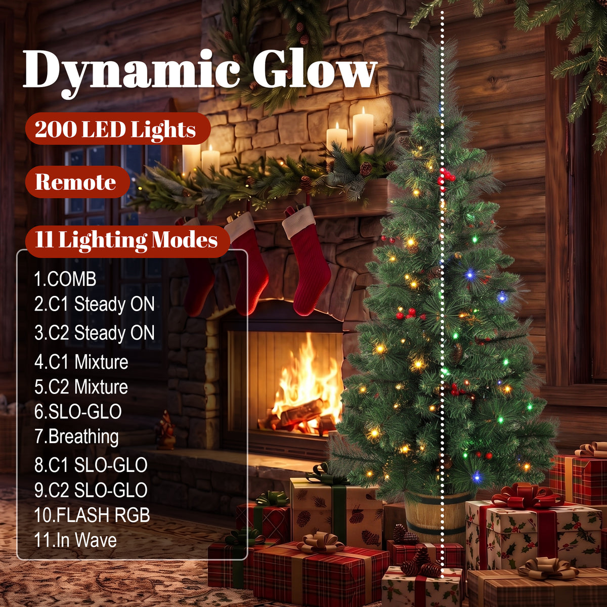 Set of 2 Pre-Lit Christmas Trees | Green PVC Steel | 120cm 4ft | 100 LEDs Warm White Multicolour | 11 Modes Remote | Pine Cones Berries | Battery Operated | Barrel Pot Base | Flame Retardant