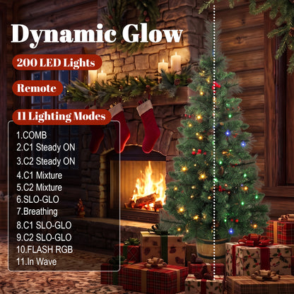 Set of 2 Pre-Lit Christmas Trees | Green PVC Steel | 120cm 4ft | 100 LEDs Warm White Multicolour | 11 Modes Remote | Pine Cones Berries | Battery Operated | Barrel Pot Base | Flame Retardant