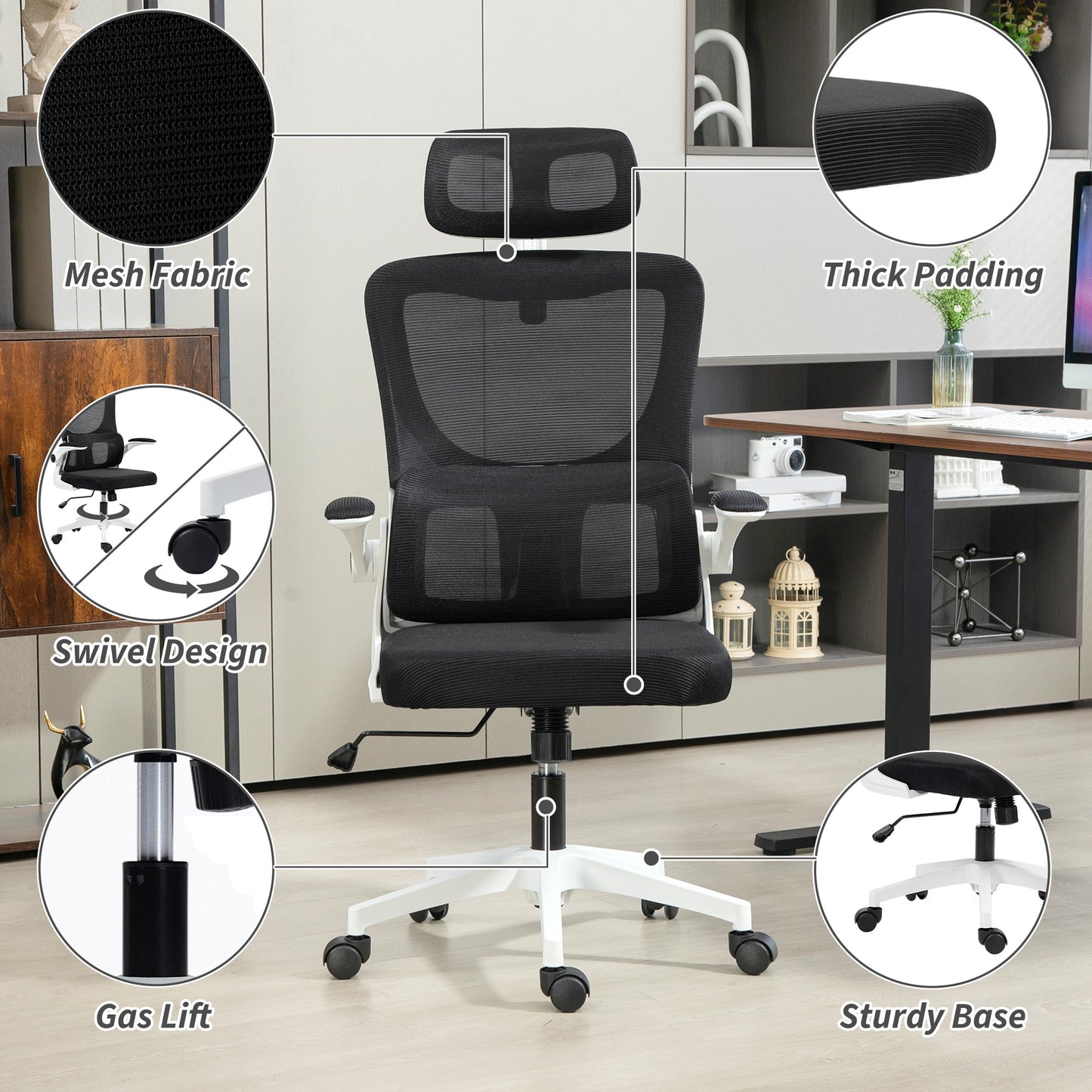 Vinsetto Ergonomic Office Chair, High Back Mesh Computer Desk Chair with Adjustable Headrest and Lumbar Support, Rotatable Armrests, Tilt Function for Home Office, Black