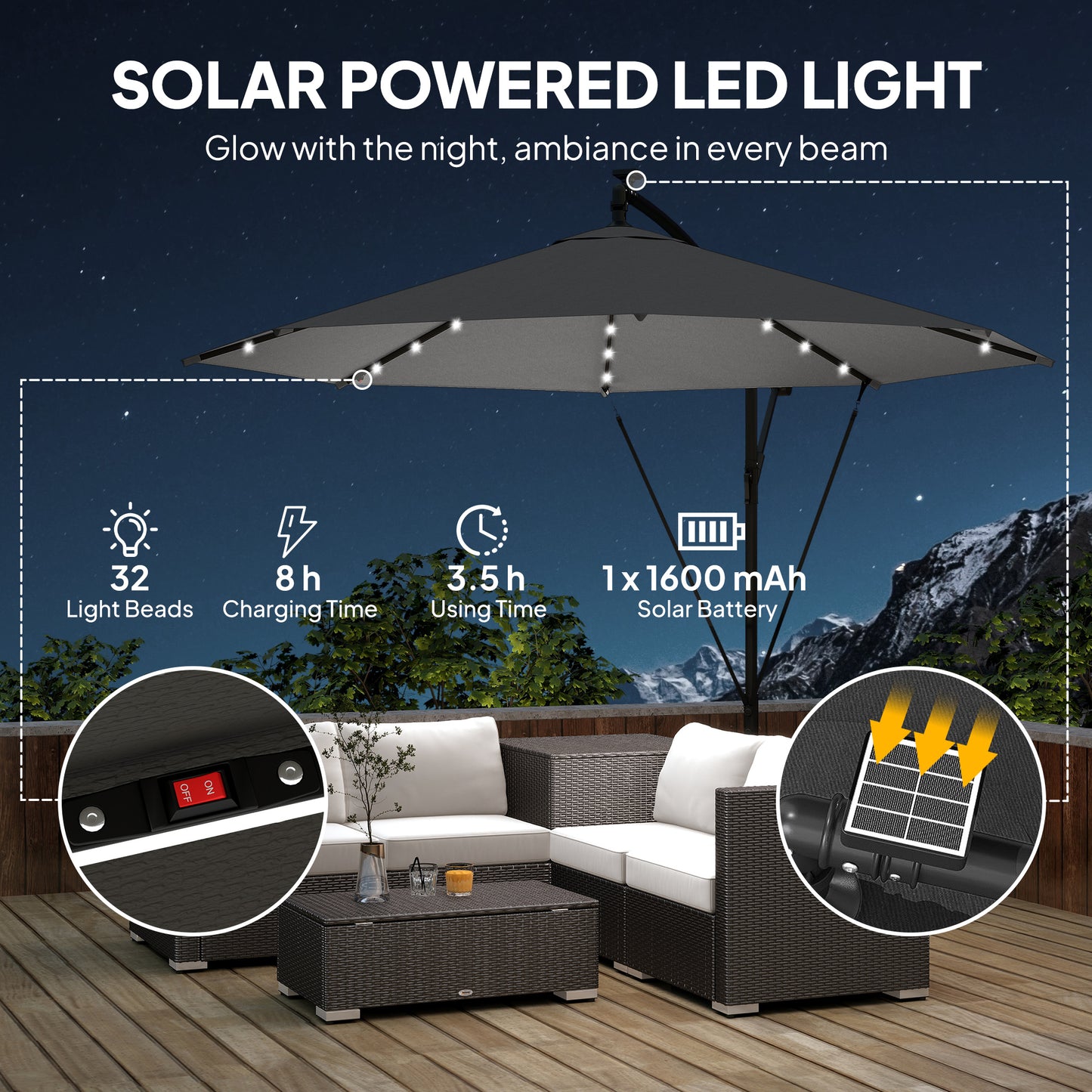 3m Cantilever Parasol with 32 Solar LED Lights | 295cm Canopy | 8 Metal Ribs | Crank Lift | Water-Repellent | 2 Wind Ropes | Cross Base & Cover Included | Black