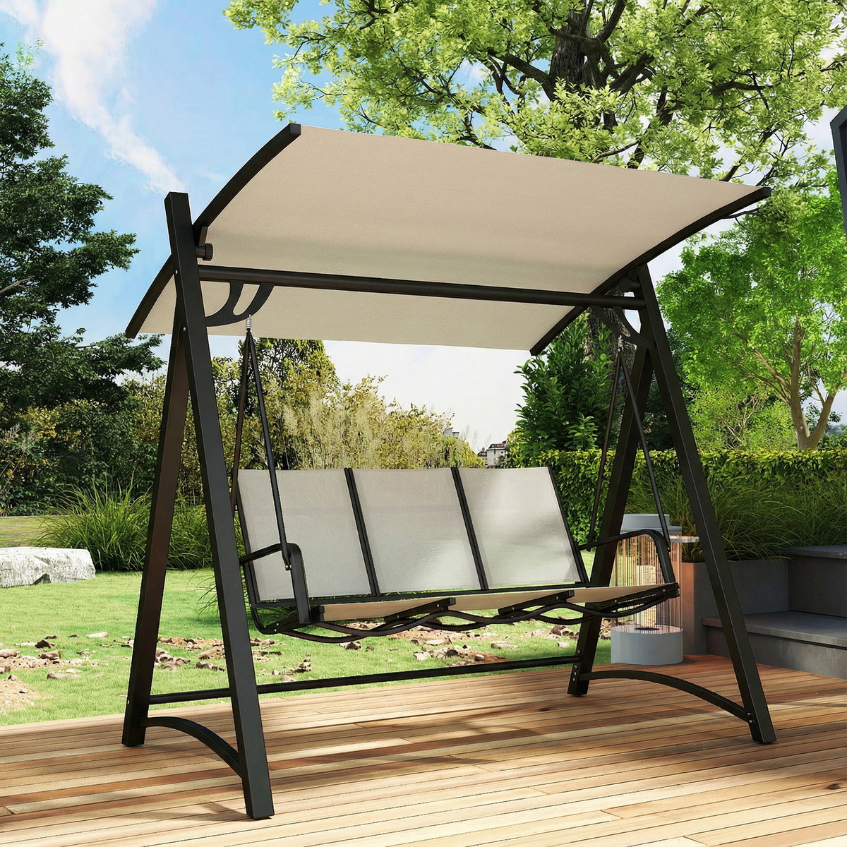3-Seater Garden Swing Chair | UPF50+ Tilting Canopy | Breathable Texteline Seat | Powder-Coated Frame | 360kg Capacity | 188x130x183cm | Cream
