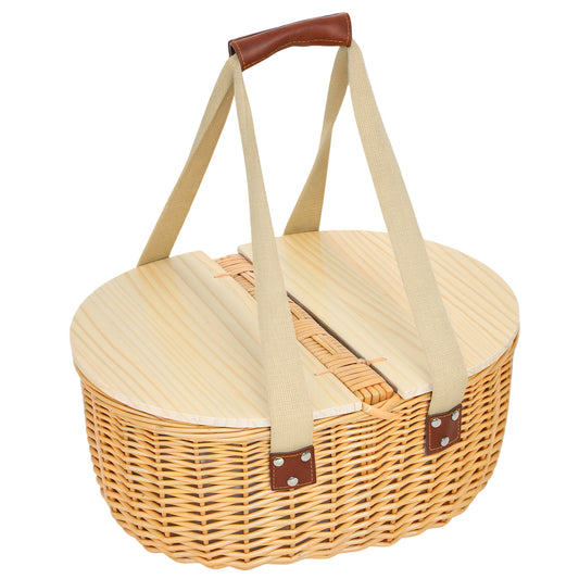 Wicker Picnic Basket for 2 with Pine Wood Lid, Picnic Hamper with Cooler Compartment, Cutlery Service Kits, Carry Handle for Camping, Outdoors