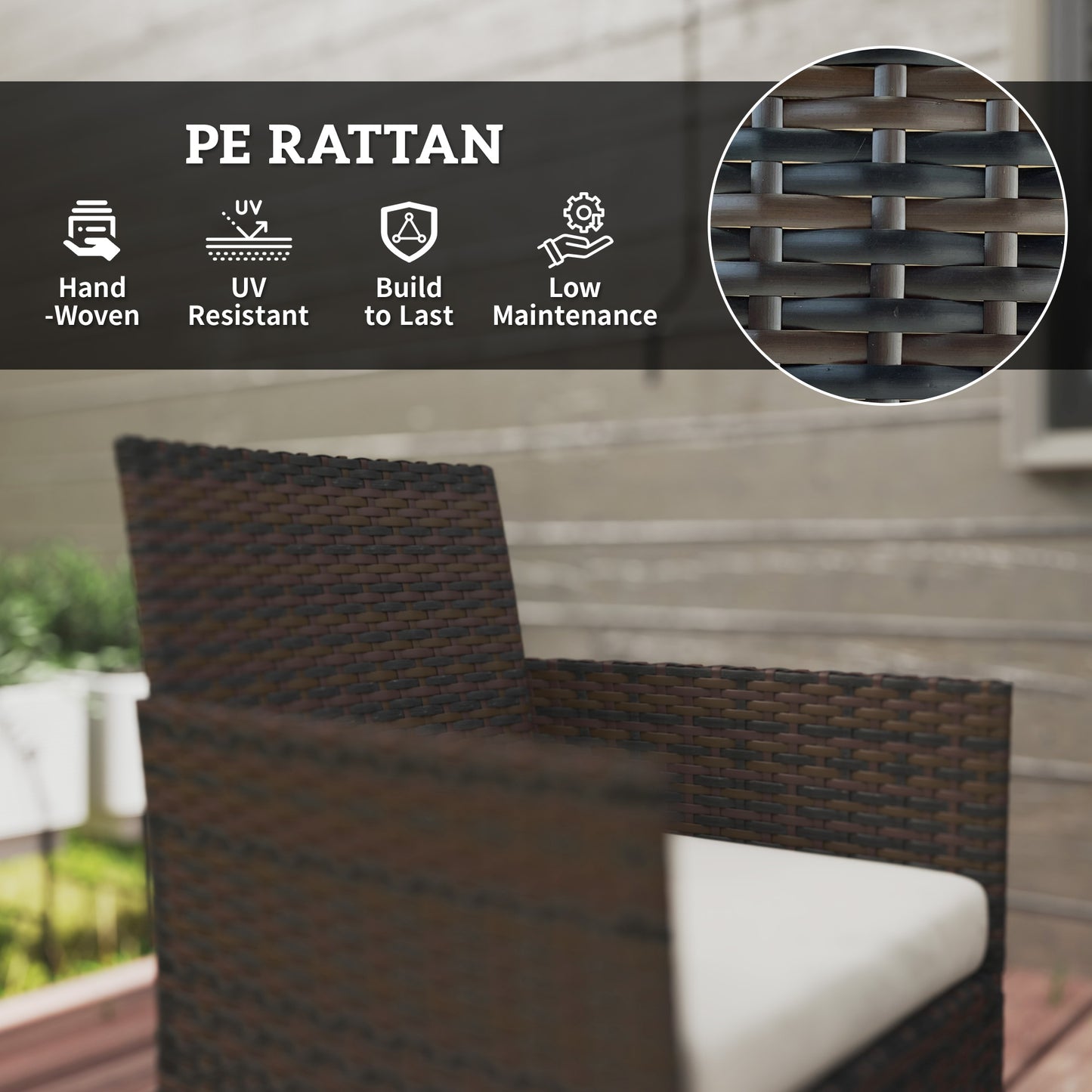 4-Piece PE Rattan Garden Sofa Set | Loveseat | 2 Armchairs | Tempered Glass Coffee Table | Powder-Coated Steel Frame | 2000h UV-Resistant PE Rattan | 5cm Zip Cushions | Protective Foot Pads | 240kg Loveseat Capacity | Brown