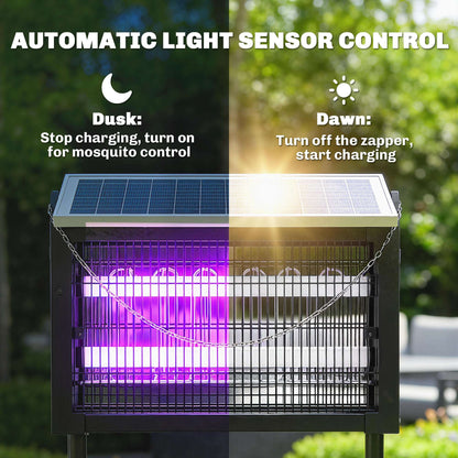 Solar Bug Zapper Outdoor | 3500V Electric Grid | UVA LED | Dusk-to-Dawn Auto | Solar & USB Charging | 80-100m² Coverage | Stake, Hang or Table | 4.3m Cord | 45x18x90cm | Black