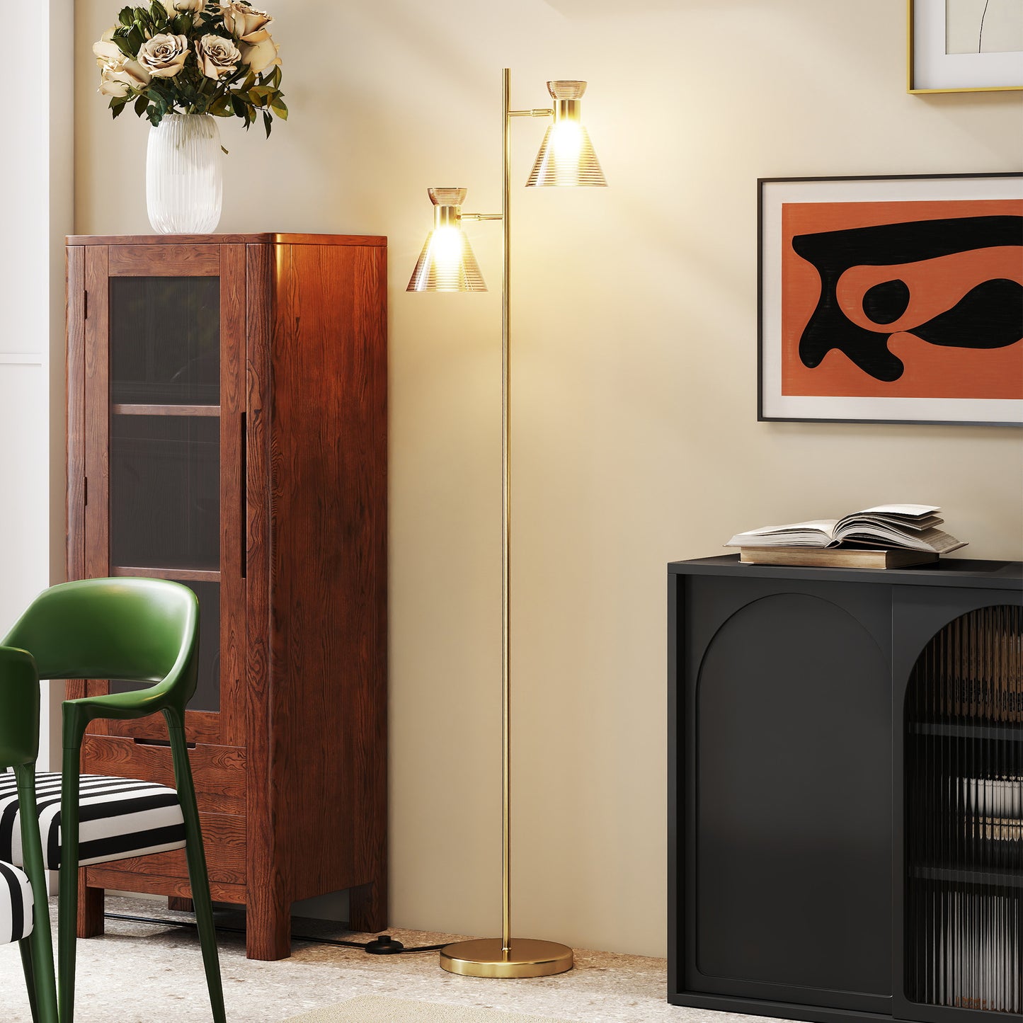 Floor Lamp with Adjustable Dual Head, Modern Standing Lamp with Floral Glass Shades and Foot Switch for Living Room Bedroom, E27 Socket, Bulb Not Included, Gold Tone