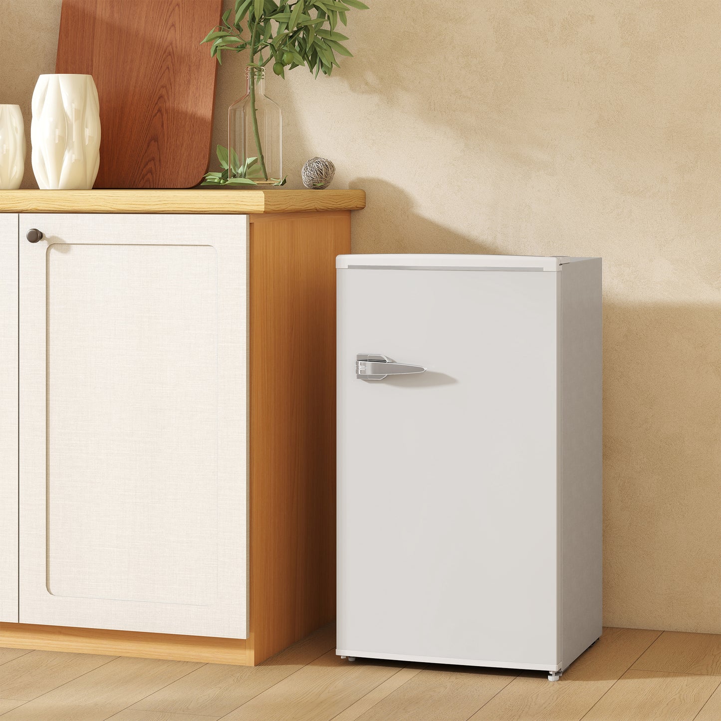 Under Counter Fridge, 85L Small Retro Vintage Style Refrigerator with Chiller Box, Adjustable Thermostat, Glass Shelves, White