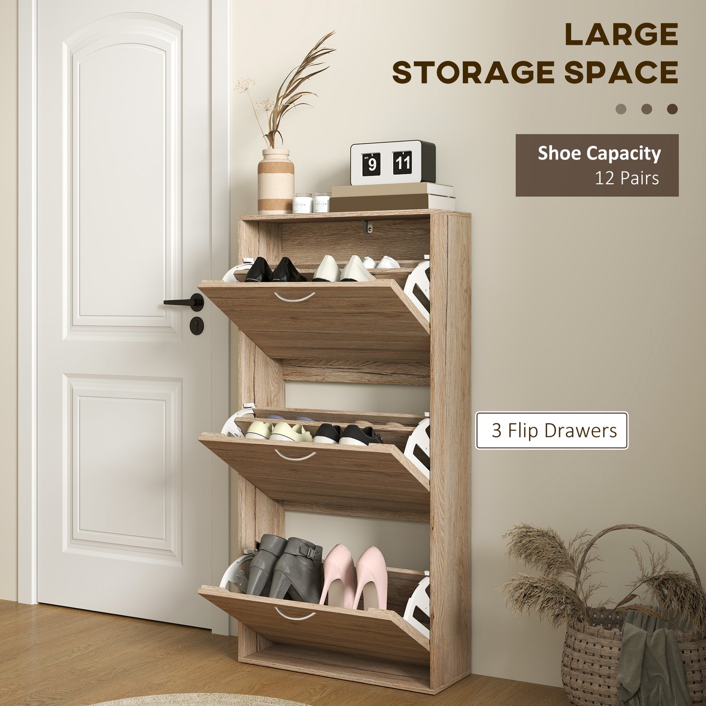 12-Shoe Flip Drawer Storage Cabinet - Brown Wood-Effect