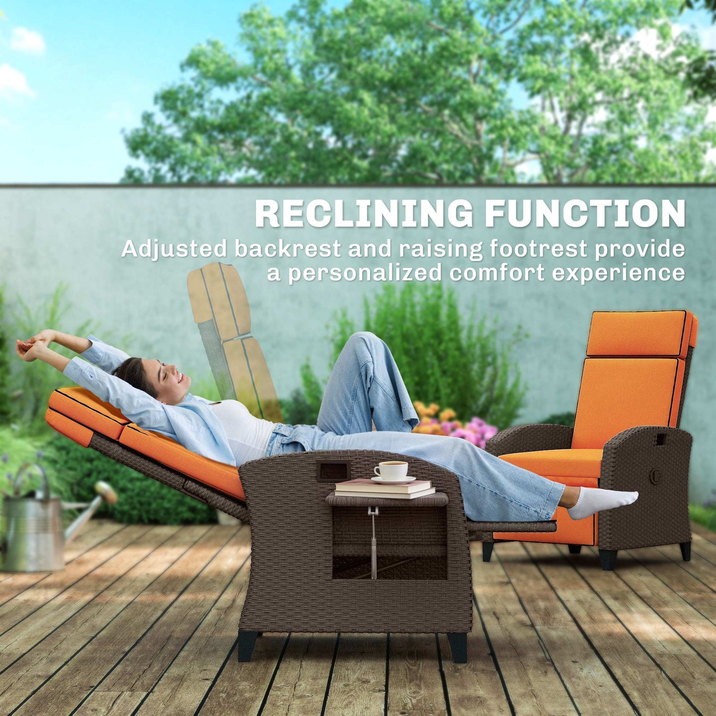 Rattan Outdoor Recliner Chair | 140° Adjustable Back | Lift-Up Footrest | Flip-Up Side Tray | Full Cushion Seat Back Headrest & Footrest | Powder-Coated Steel | 160kg | 65x78x102cm | Orange