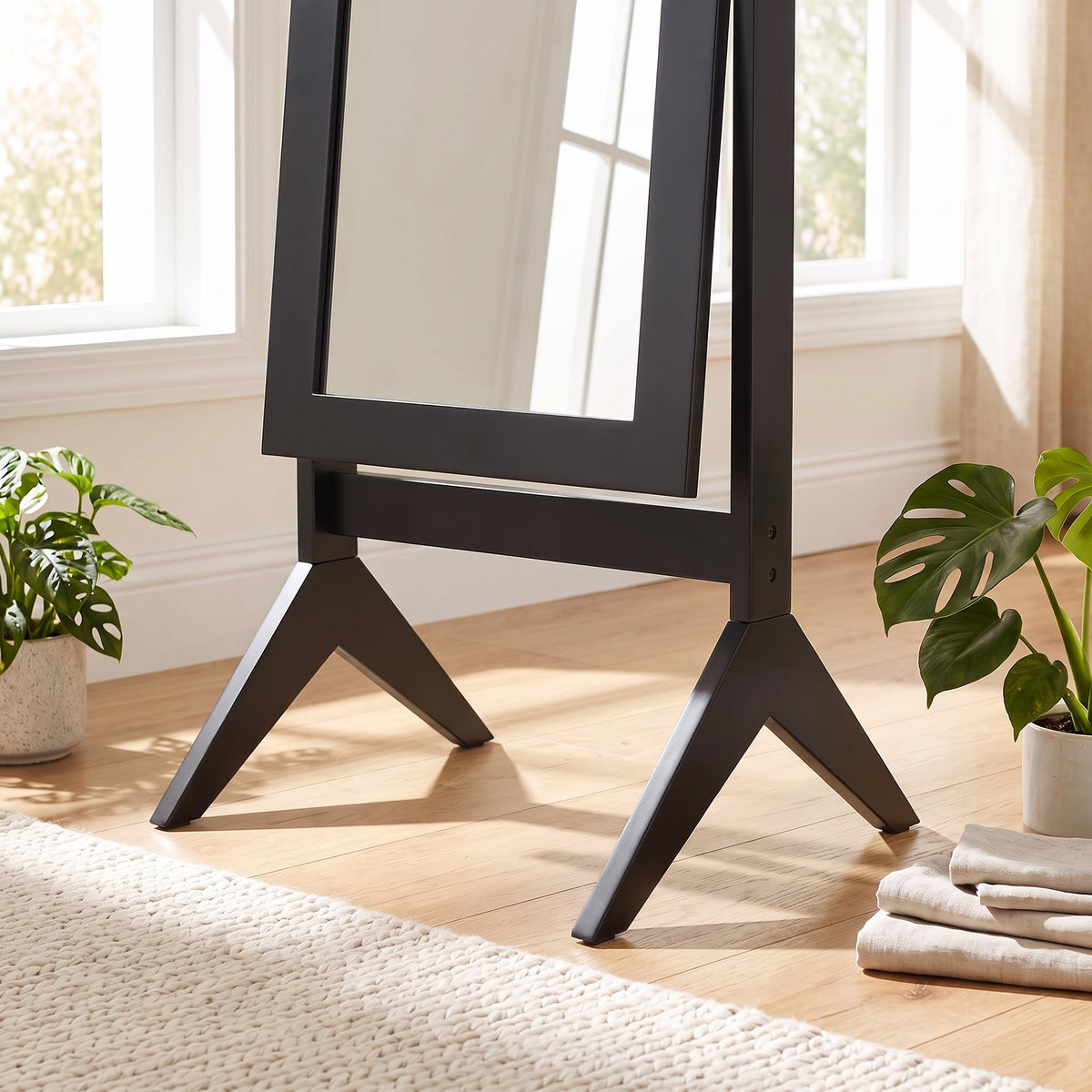 Freestanding Full-Length Dressing Mirror | Black E1 MDF & Glass | 47x46x148cm | Mirror 118x42cm | Tilts to 2 Angles | 4-Foot Stable Base | Bedroom Bathroom Hallway | Flat Pack