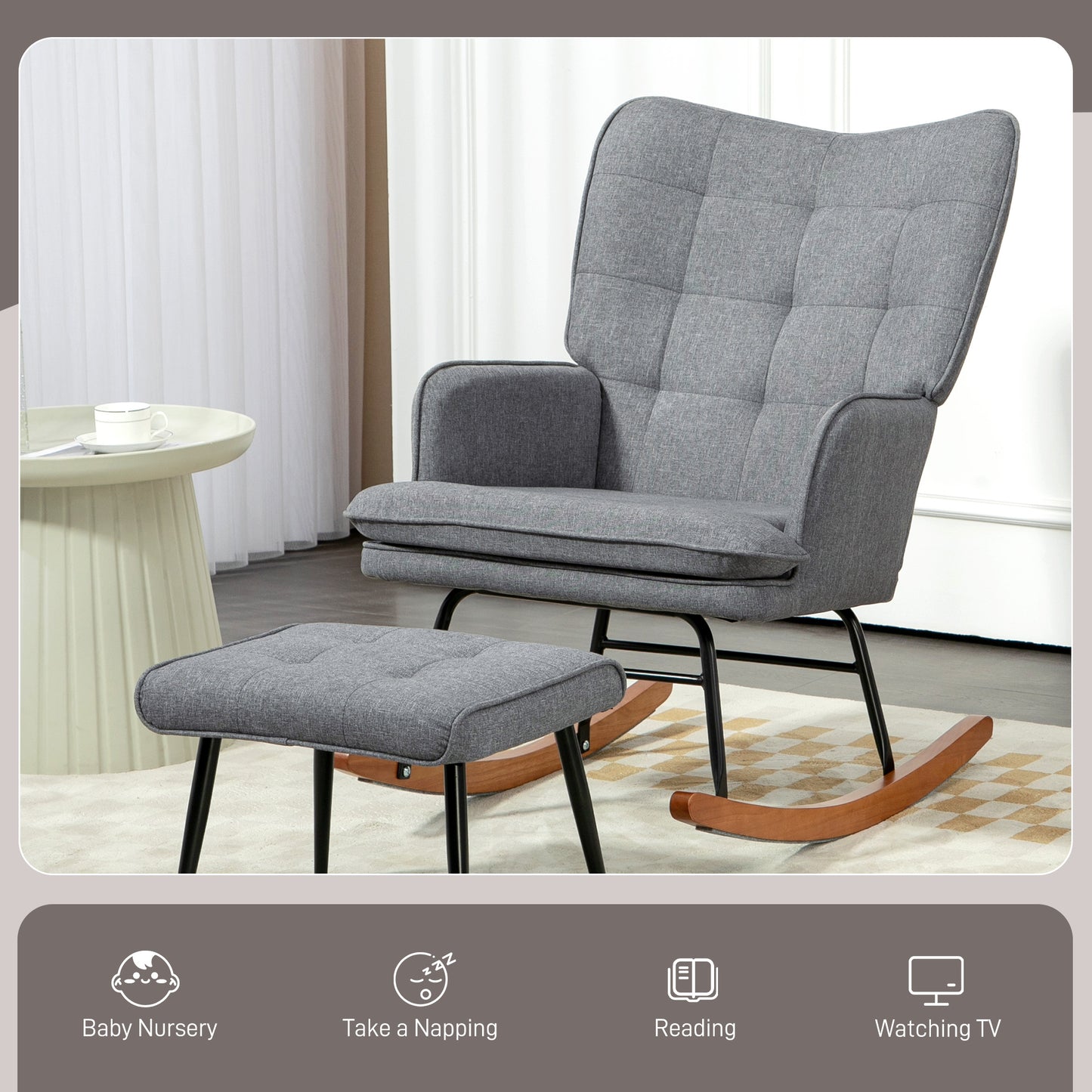 Retro Vintage Style Linen-Look Rocking Chair And Ottoman Set - Grey