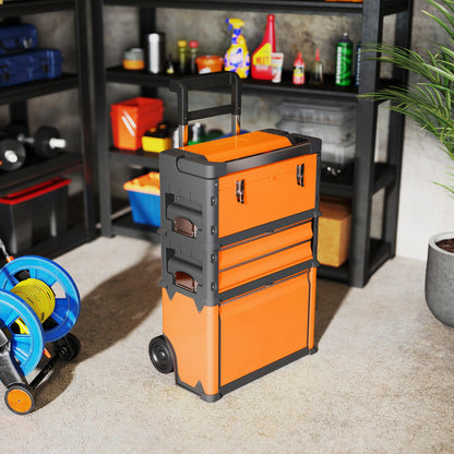 3-in-1 Stackable Three Tier Rolling Tool Storage Box On Wheels - Orange