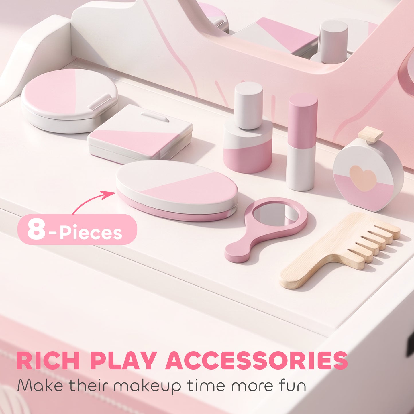 Kids Vanity Table | Girls Dressing Table | 4 Lights | Mirror | Drawer | 8 Accessories | Ages 3–6 | 31x27x33.2cm | Pink