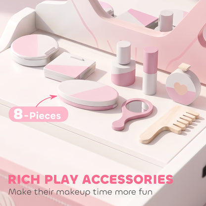 Kids Vanity Table | Girls Dressing Table | 4 Lights | Mirror | Drawer | 8 Accessories | Ages 3–6 | 31x27x33.2cm | Pink