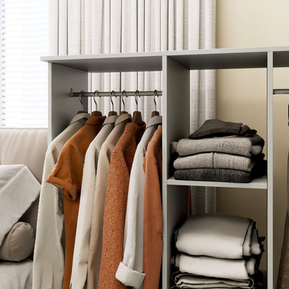 Double Open Wardrobe on Wheels, Bedroom Wardrobe with Clothes Hanging Rails, 3 Storage Shelves, Mobile Garment Rack for Cloakroom, Hallway, Grey