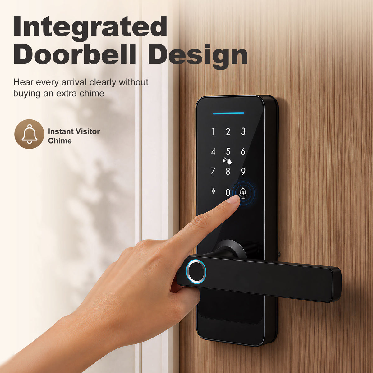 Smart Door Lock | 5-in-1 Entry: Fingerprint / Passcode / NFC Card / Tuya App / Key | Built-in Doorbell | Bluetooth 10m | ADC12 Alloy & Tempered Glass | Copper Cylinder | Door 3.5-6cm | Left & Right Hand | 7.1x19.3x13.4cm | Black