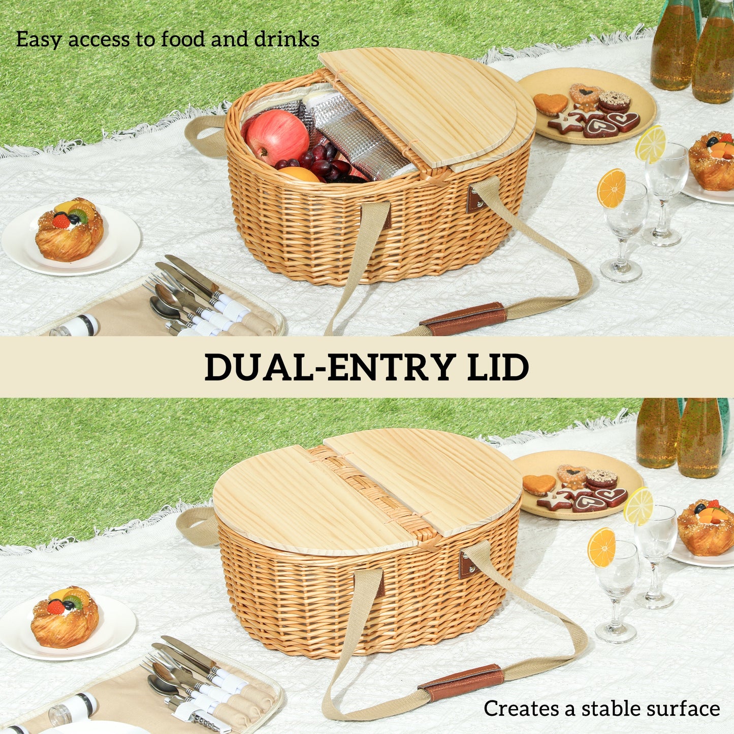 Wicker Picnic Basket for 2 with Pine Wood Lid, Picnic Hamper with Cooler Compartment, Cutlery Service Kits, Carry Handle for Camping, Outdoors
