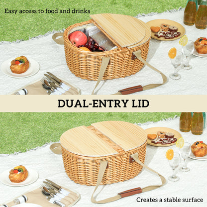 Wicker Picnic Basket for 2 with Pine Wood Lid, Picnic Hamper with Cooler Compartment, Cutlery Service Kits, Carry Handle for Camping, Outdoors
