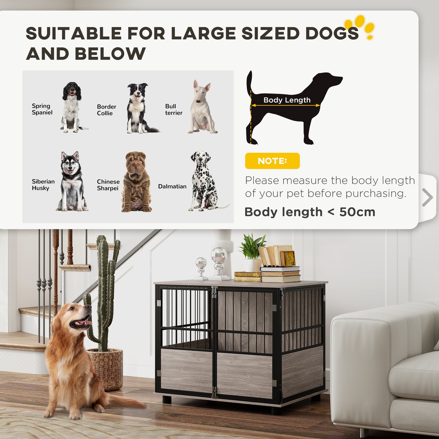 Dog Crate Furniture Side Table | 3 Doors | Washable Cushion | Steel Bar Ventilation | Dogs up to 20kg | 80 x 60 x 68cm | Walnut & Black