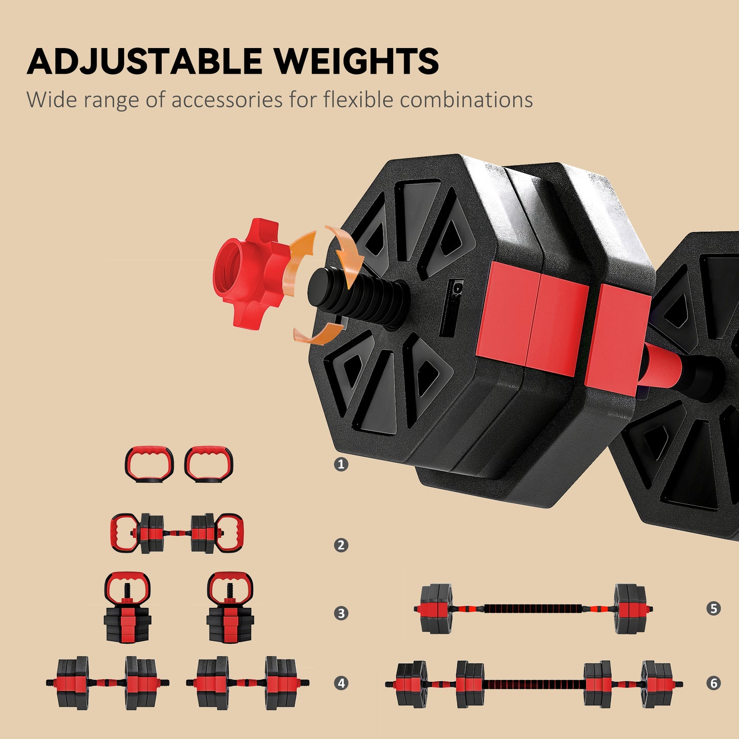 SPORTNOW 6-in-1 Adjustable Dumbbell Set 20kg | Dumbbell, Barbell, Kettlebell & Push-Up Stand | Home Gym Free Weights | Men & Women | Red