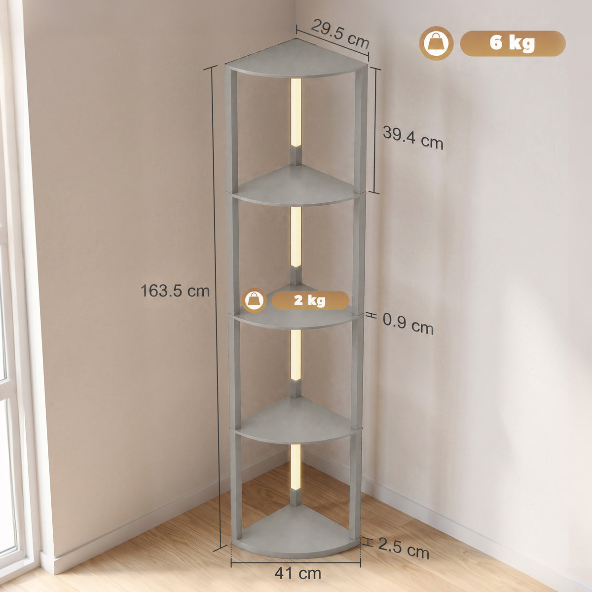 Corner Floor Lamp with 4-Tier Shelving | Grey MDF Plastic | 41x29.5x163.5cm | 3000K Warm White LED | 1530lm | 3-Level Brightness | Foot Switch | 25000hrs | 8kg