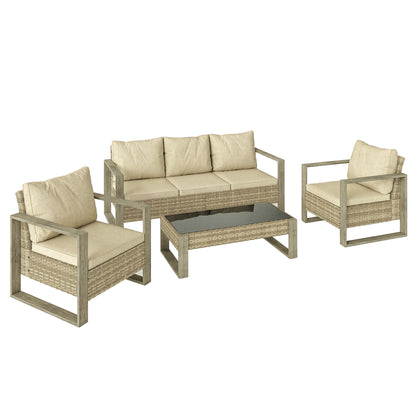 4-Piece PE Rattan Garden Sofa Set | 3-Seater Sofa | 2 Armchairs | Tempered Glass Coffee Table | Wood-Effect Aluminium Frame | 8cm Seat & 20cm Back Cushions | Non-Slip Mats | Washable Covers | Khaki