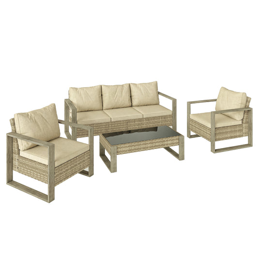 4-Piece PE Rattan Garden Sofa Set | 3-Seater Sofa | 2 Armchairs | Tempered Glass Coffee Table | Wood-Effect Aluminium Frame | 8cm Seat & 20cm Back Cushions | Non-Slip Mats | Washable Covers | Khaki