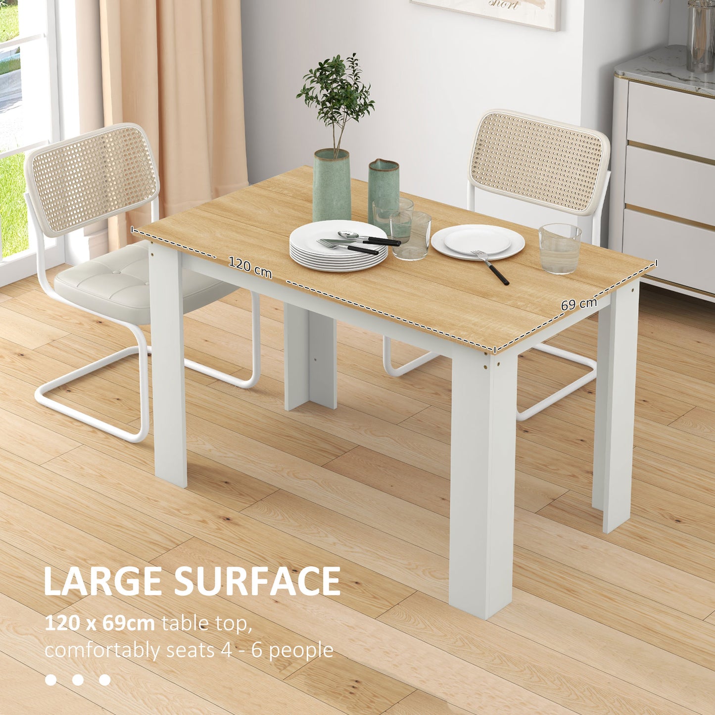 Wood Effect Dining Table | 4-6 Seater | 120x69x75cm | Melamine Surface | Water Resistant | Triangular Legs | Oak & White
