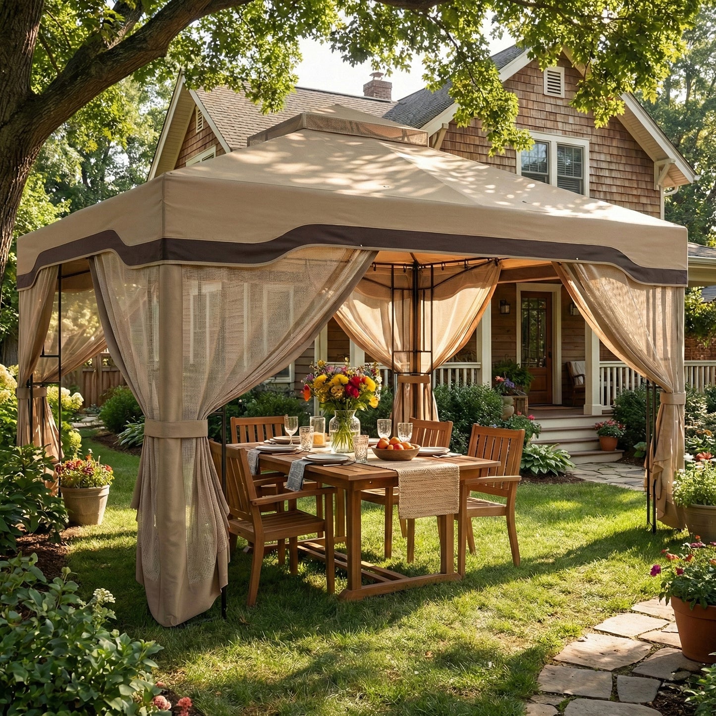 3x3.6m Garden Gazebo | Double-Tier UPF50+ Roof | 4 Mesh Panels | Triangular Powder-Coated Metal Frame | Corner Shelves | Roof Drainage Holes | Expansion Screws & Ground Stakes | Ceiling Hook | Khaki