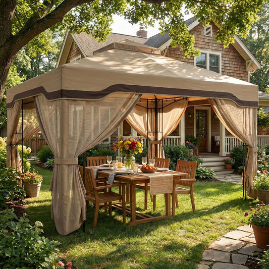 3x3.6m Garden Gazebo | Double-Tier UPF50+ Roof | 4 Mesh Panels | Triangular Powder-Coated Metal Frame | Corner Shelves | Roof Drainage Holes | Expansion Screws & Ground Stakes | Ceiling Hook | Khaki