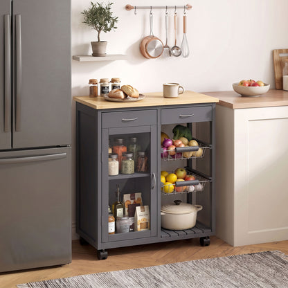 Rolling Kitchen Island Trolley | Bamboo Worktop | Glass Door Cabinet | 2 Wire Baskets | 2 Drawers | Adjustable Shelf | 4 Wheels | 67x35x80cm | Grey