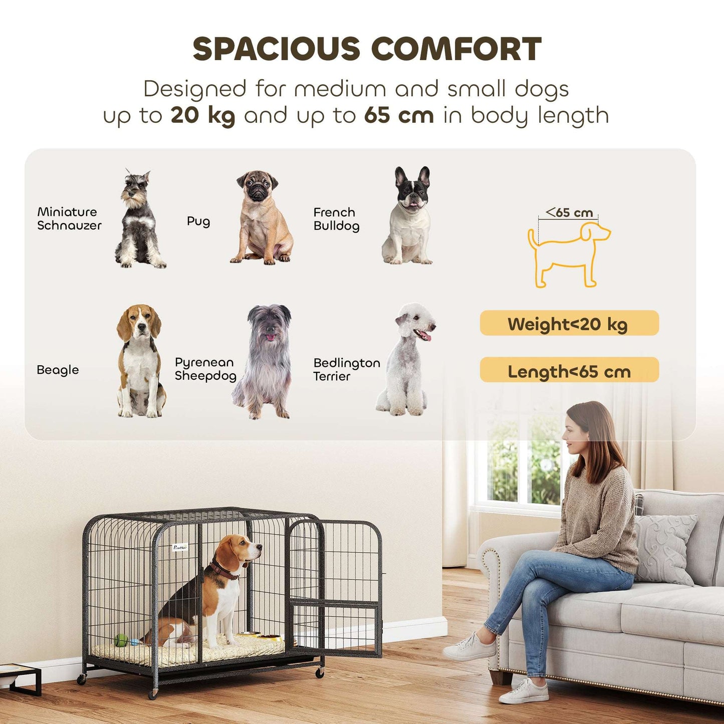 Heavy Duty Dog Crate | 93x58x76cm | 3 Doors | Slide-Out Tray | 4 Wheels | Raised Base | 20kg | Black