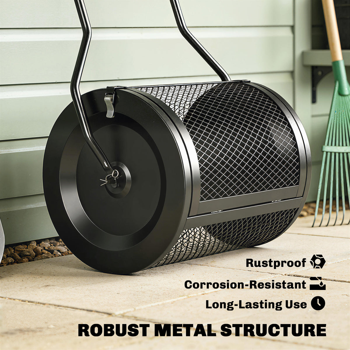 75L Compost & Peat Moss Spreader | 20" Rolling Barrel | Detachable U-Handle | Metal Mesh Door | Rust-Proof Powder-Coated | Garden Lawn | Black