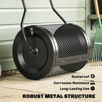 75L Compost & Peat Moss Spreader | 20" Rolling Barrel | Detachable U-Handle | Metal Mesh Door | Rust-Proof Powder-Coated | Garden Lawn | Black