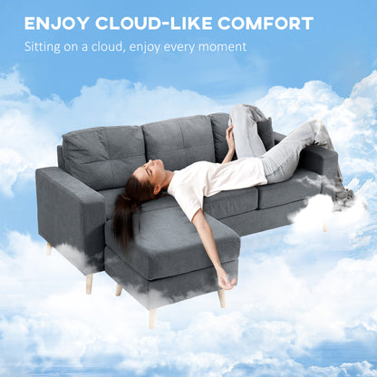 3 Seater Sofa with Footstool, Fabric L-Shaped Sofa, Sectional Couch with Wood Legs, Tufting Cushioned Back for Small Space, Living Room, Office,