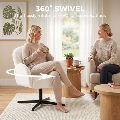 Shell-Shaped Swivel Accent Chair | 360° Swivel | 11cm Spring-Packed Seat | Velvet-Feel Fabric | Metal Base | Plastic Floor Pads | 120kg | 64.5x68x80cm | Cream